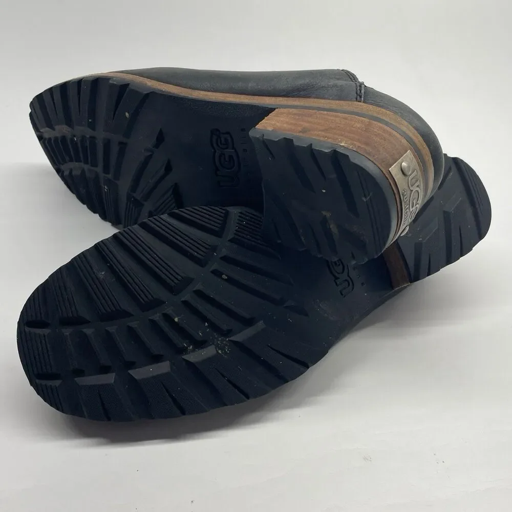 UGG Australia Womens 8.5 Leather Black Mules Clogs Sheepskin Lined Slip-on Shoes